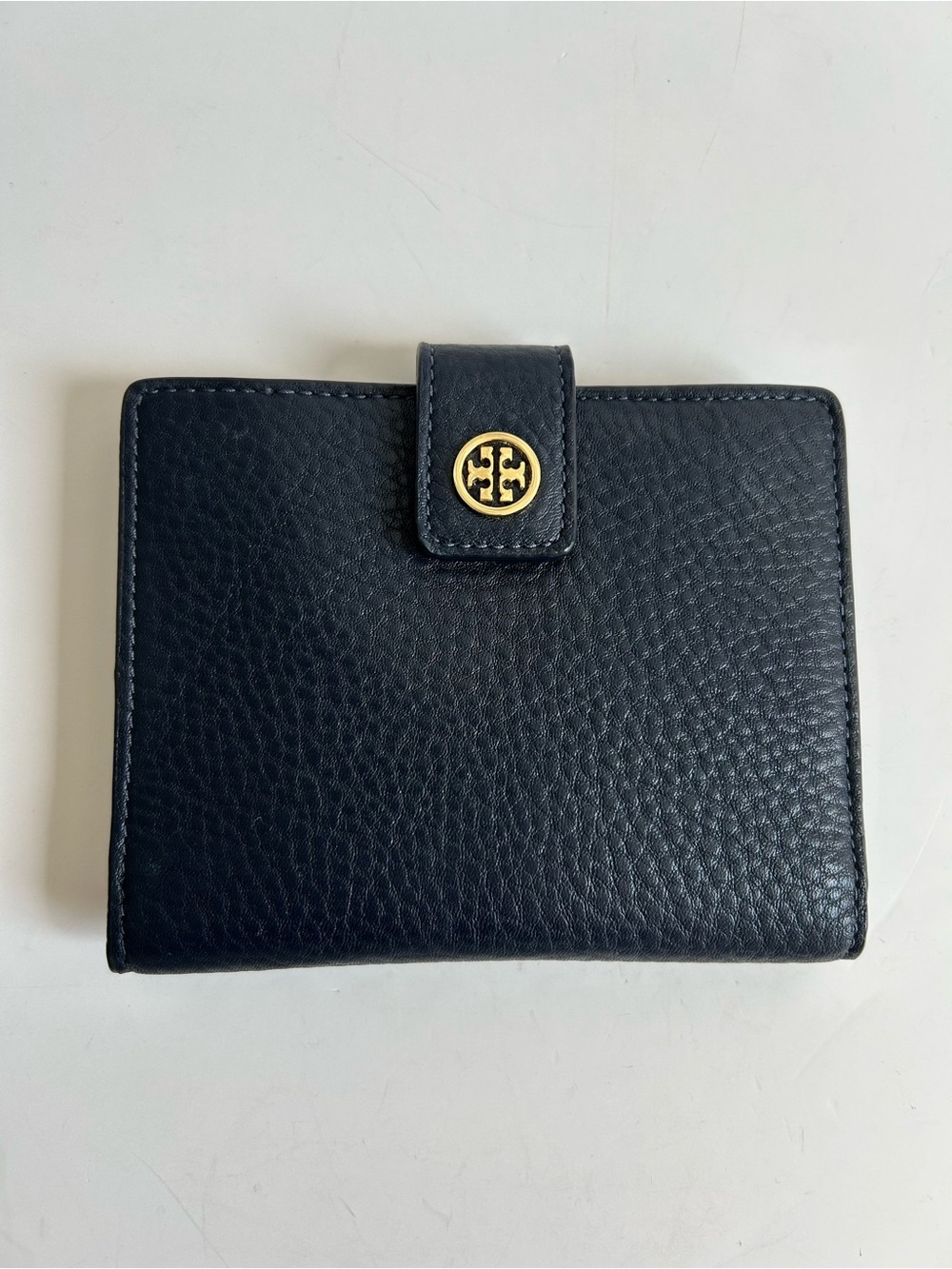 Tory Burch Navy Pebbled Leather folding Wallet with Gold Logo Accent